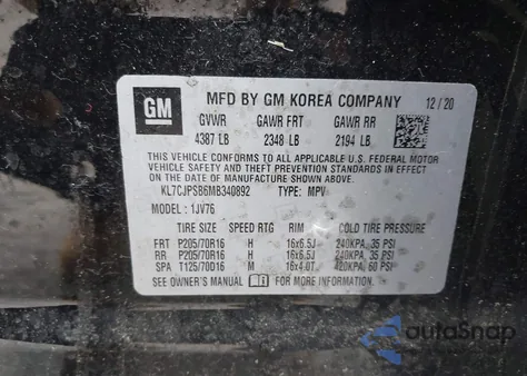 2021 Chevrolet Trax Awd Lt z USA, uszkodzony, nr VIN KL7CJPSB6MB340892